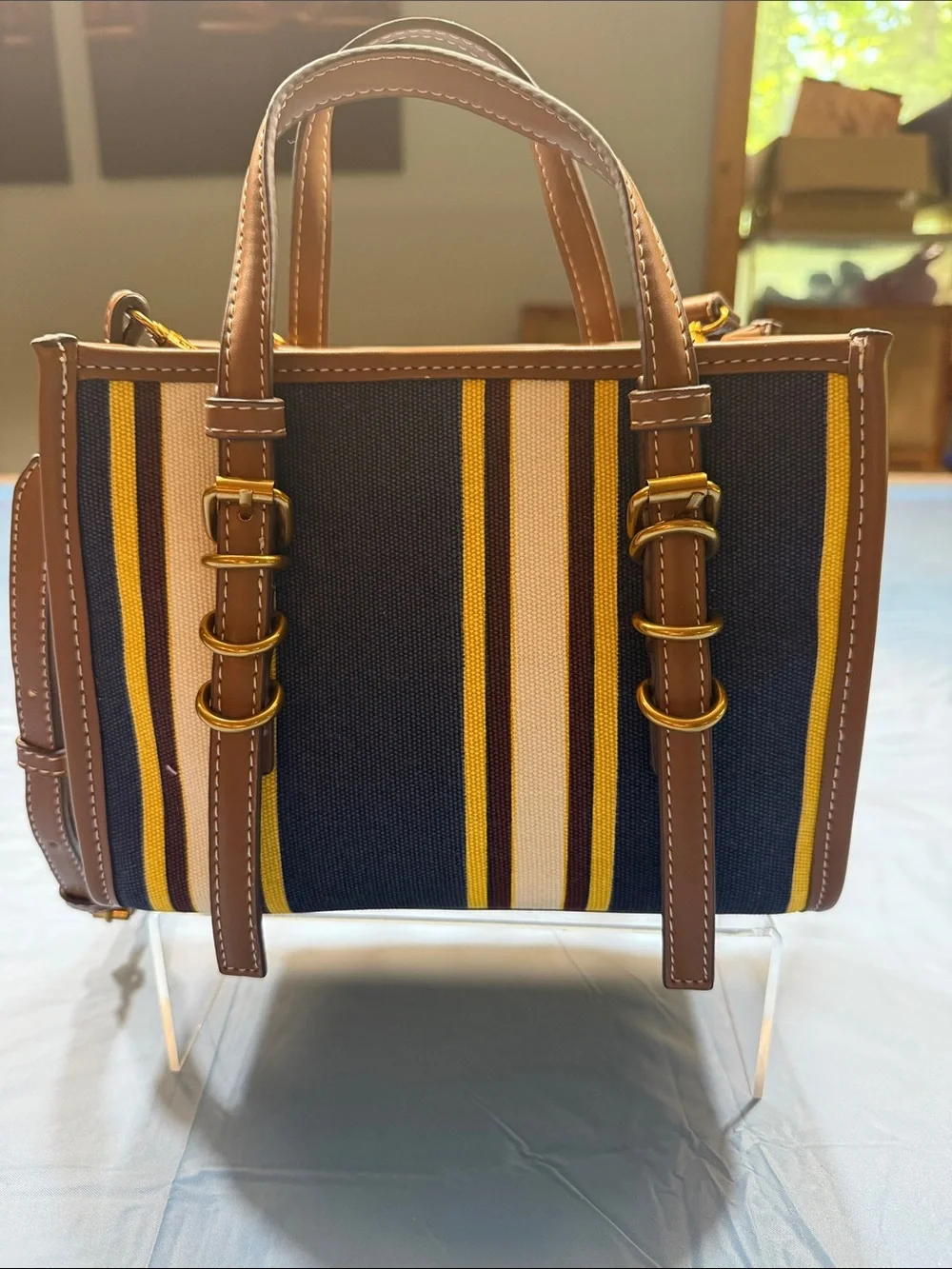 Steve Madden Navy, Brown & Yellow Striped Satchel